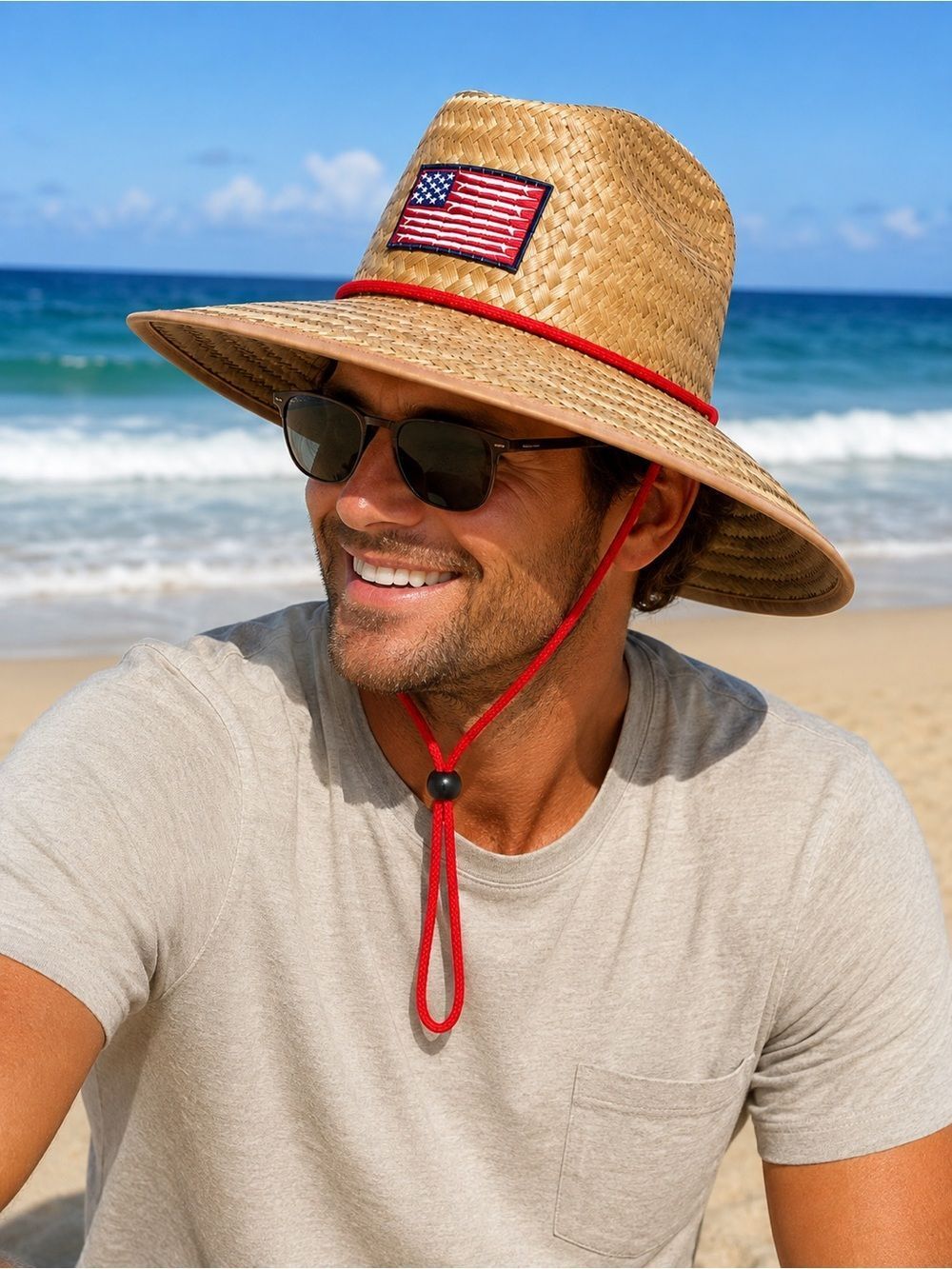 Solfish Unisex Straw Sun Beach Outdoor Hat w/American Flag USA EUC OS Beach